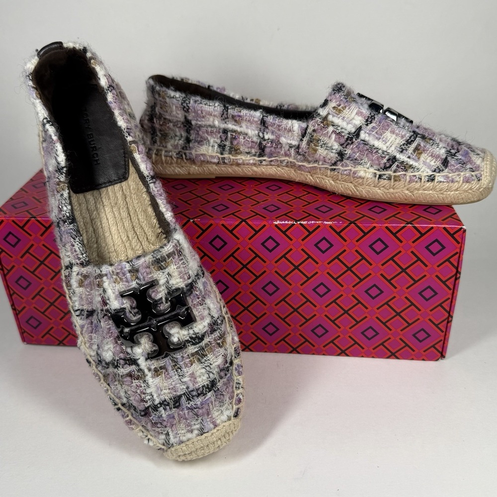 Tory Burch Women's Size 6.5 Everly Espadrille Flats Plaid Britney Tweed w/ Logo